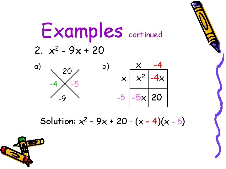Examples continued 2. x 2 - 9 x + 20 a) 20 -4 -5