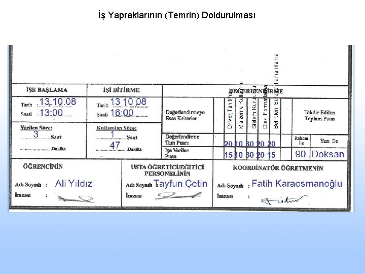 İş Yapraklarının (Temrin) Doldurulması 