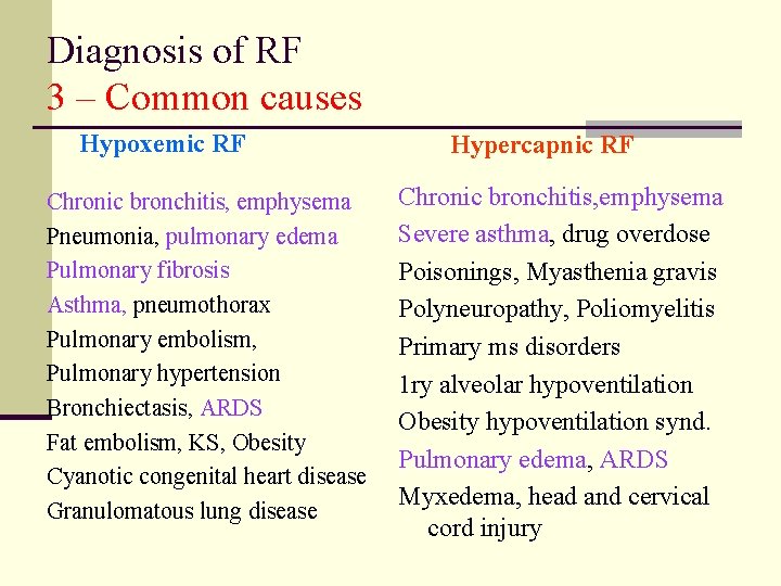 Diagnosis of RF 3 – Common causes Hypoxemic RF Chronic bronchitis, emphysema Pneumonia, pulmonary