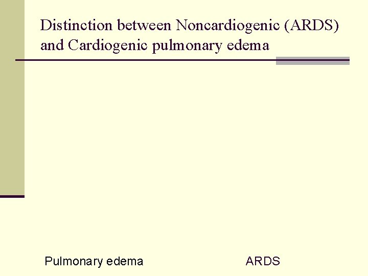 Distinction between Noncardiogenic (ARDS) and Cardiogenic pulmonary edema Pulmonary edema ARDS 