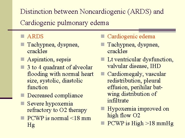 Distinction between Noncardiogenic (ARDS) and Cardiogenic pulmonary edema n ARDS n Tachypnea, dyspnea, n