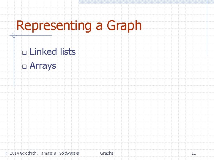 Representing a Graph Linked lists q Arrays q © 2014 Goodrich, Tamassia, Goldwasser Graphs