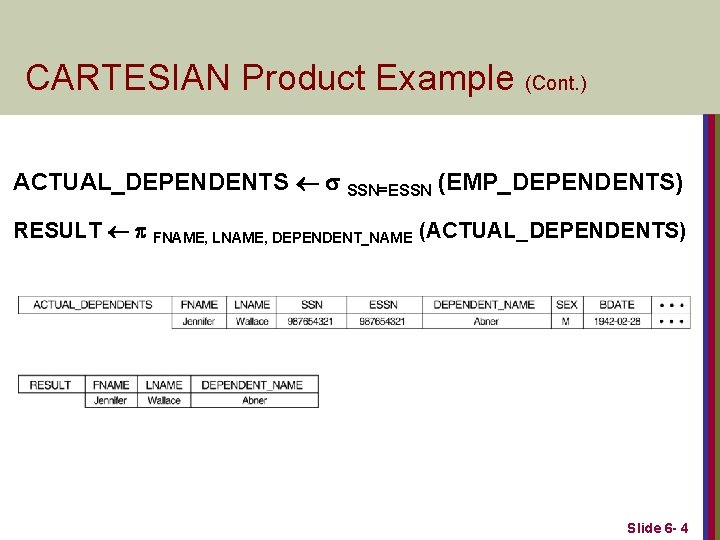 CARTESIAN Product Example (Cont. ) ACTUAL_DEPENDENTS ¬ s SSN=ESSN (EMP_DEPENDENTS) RESULT ¬ p FNAME,