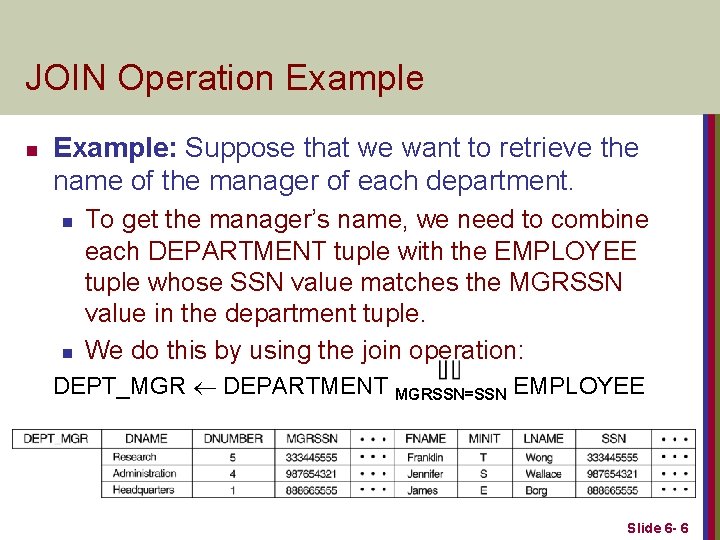 JOIN Operation Example: Suppose that we want to retrieve the name of the manager