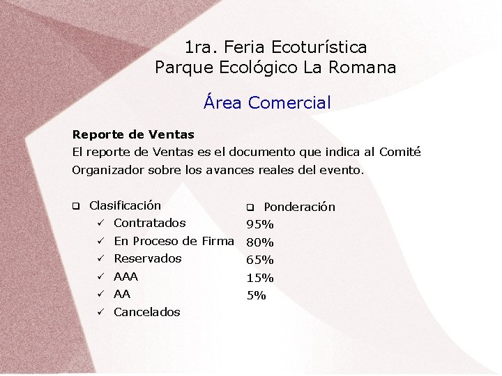 1 ra. Feria Ecoturística Parque Ecológico La Romana Área Comercial Reporte de Ventas El