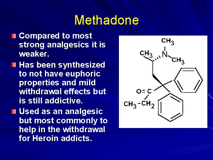 Methadone Compared to most strong analgesics it is weaker. Has been synthesized to not