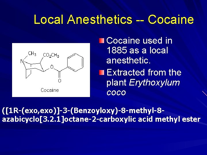 Local Anesthetics -- Cocaine used in 1885 as a local anesthetic. Extracted from the