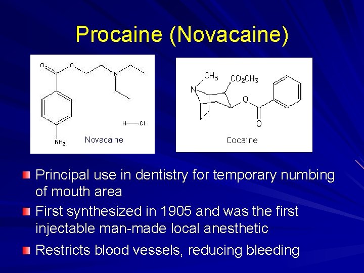Procaine (Novacaine) Novacaine Principal use in dentistry for temporary numbing of mouth area First