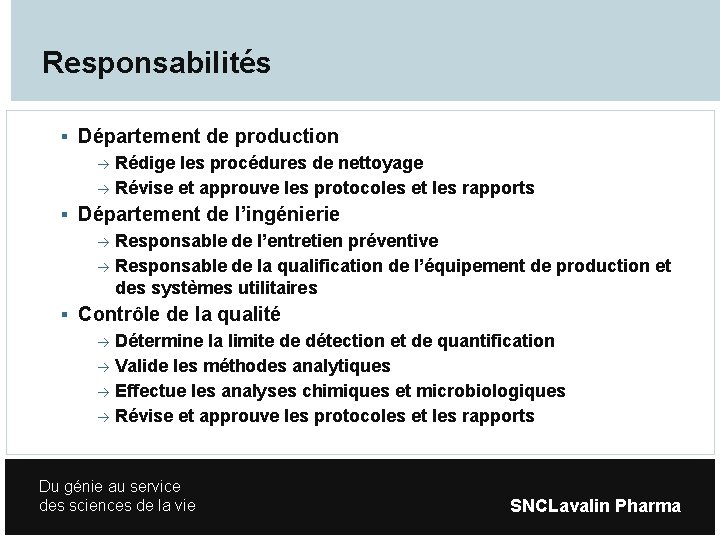 Responsabilités Département de production Rédige les procédures de nettoyage Révise et approuve les protocoles