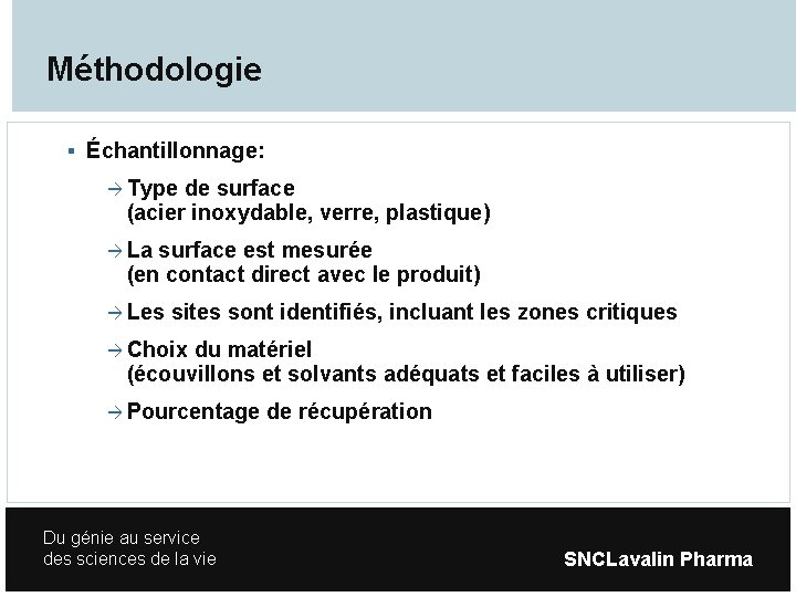 Méthodologie Échantillonnage: Type de surface (acier inoxydable, verre, plastique) La surface est mesurée (en