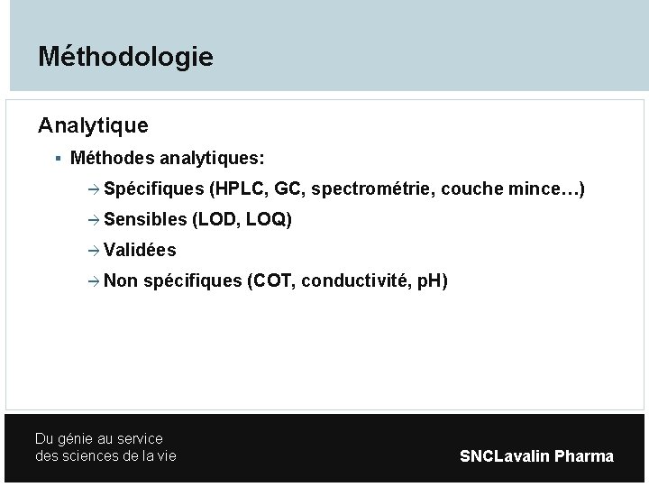 Méthodologie Analytique Méthodes analytiques: Spécifiques Sensibles (HPLC, GC, spectrométrie, couche mince…) (LOD, LOQ) Validées