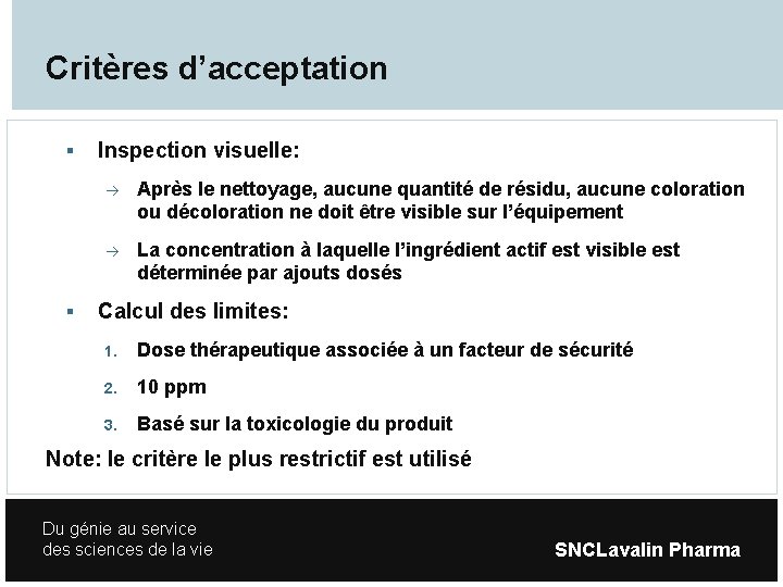 Critères d’acceptation Inspection visuelle: Après le nettoyage, aucune quantité de résidu, aucune coloration ou