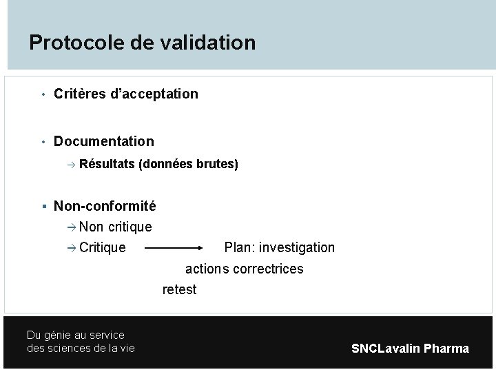 Protocole de validation • Critères d’acceptation • Documentation Résultats (données brutes) Non-conformité Non critique