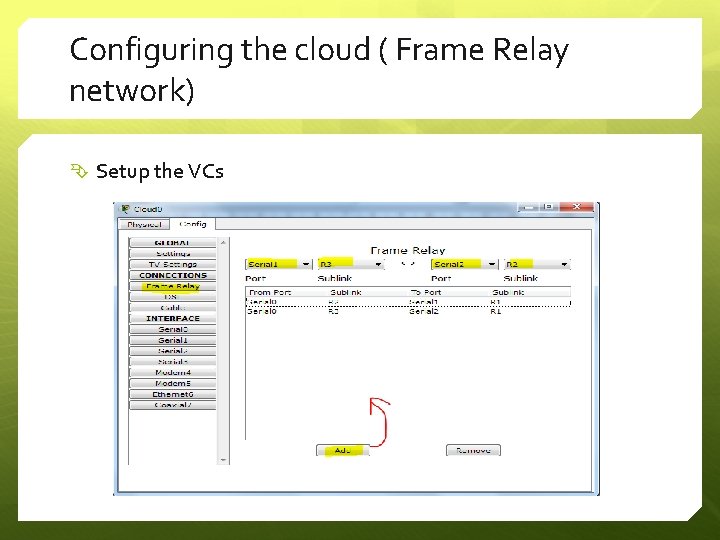 Configuring the cloud ( Frame Relay network) Setup the VCs 