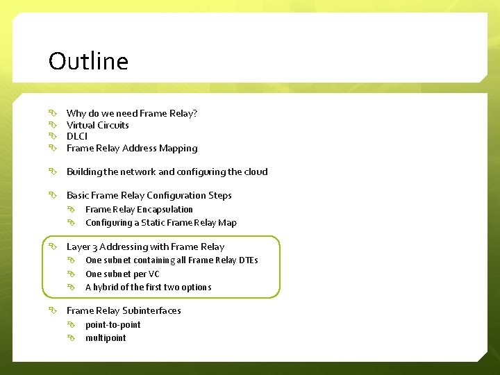 Outline Why do we need Frame Relay? Virtual Circuits DLCI Frame Relay Address Mapping