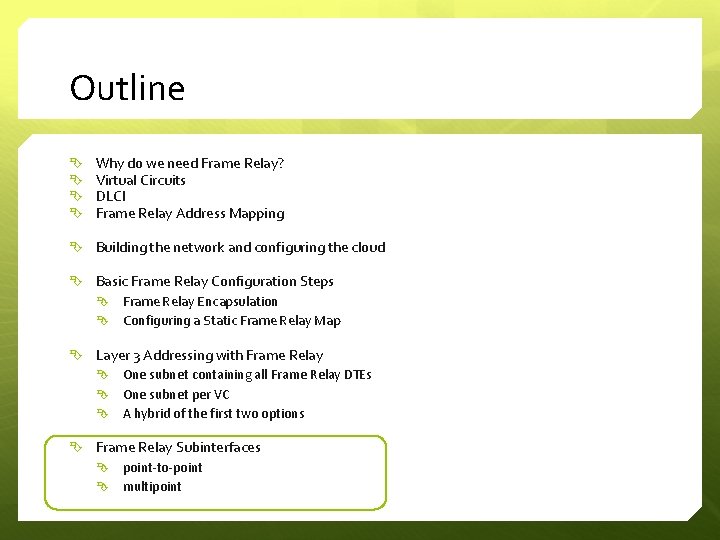 Outline Why do we need Frame Relay? Virtual Circuits DLCI Frame Relay Address Mapping