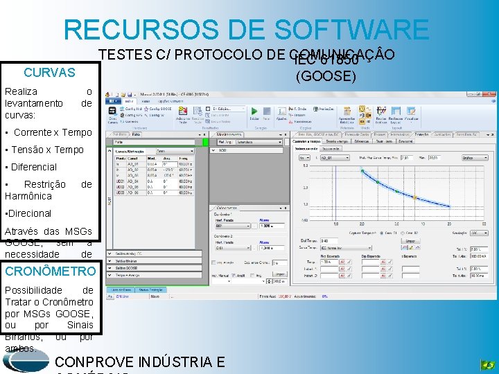 RECURSOS DE SOFTWARE TESTES C/ PROTOCOLO DE COMUNICAÇ O IEC 61850 (GOOSE) CURVAS Realiza