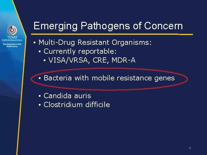 Emerging Pathogens of Concern • Multi-Drug Resistant Organisms: • Currently reportable: • VISA/VRSA, CRE,