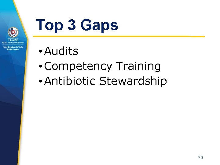 Top 3 Gaps • Audits • Competency Training • Antibiotic Stewardship 70 