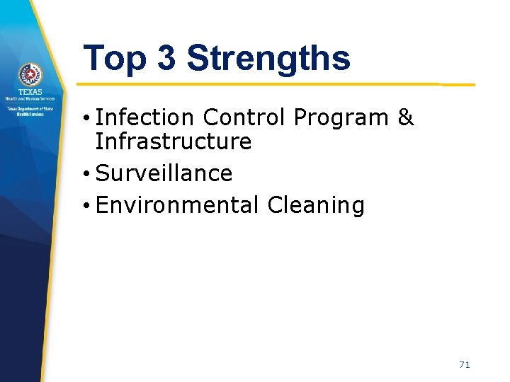 Top 3 Strengths • Infection Control Program & Infrastructure • Surveillance • Environmental Cleaning