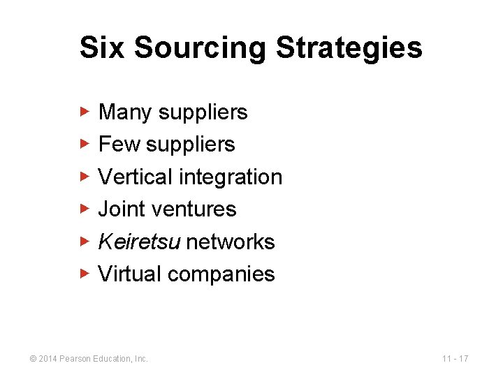 Six Sourcing Strategies ▶ ▶ ▶ Many suppliers Few suppliers Vertical integration Joint ventures