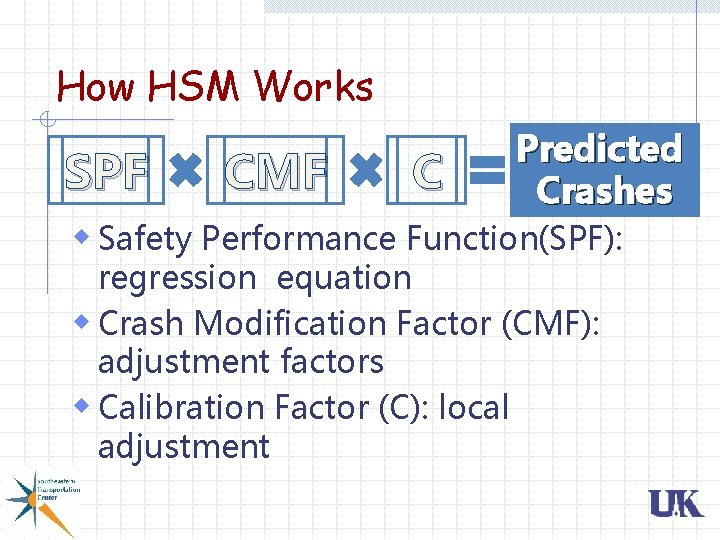 How HSM Works SPF CMF C Predicted Crashes w Safety Performance Function(SPF): regression equation How HSM Works SPF CMF C Predicted Crashes w Safety Performance Function(SPF): regression equation