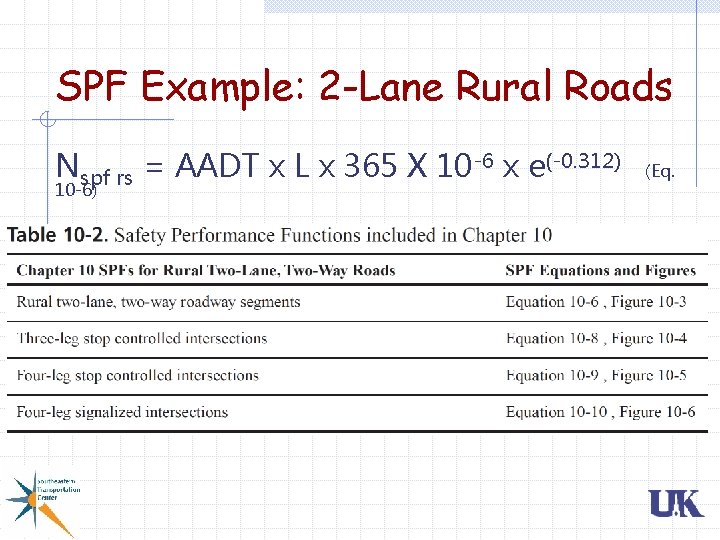 SPF Example: 2 -Lane Rural Roads Nspf rs = AADT x L x 365 SPF Example: 2 -Lane Rural Roads Nspf rs = AADT x L x 365