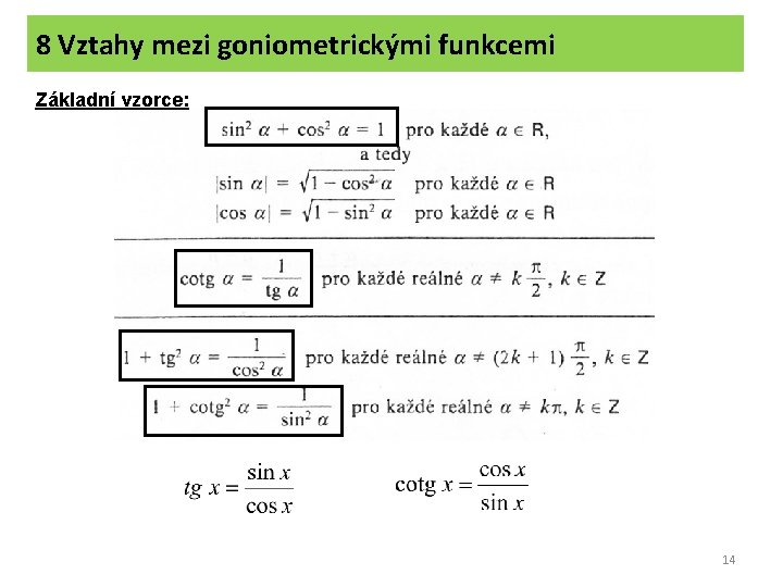 8 Vztahy mezi goniometrickými funkcemi Základní vzorce: 14 