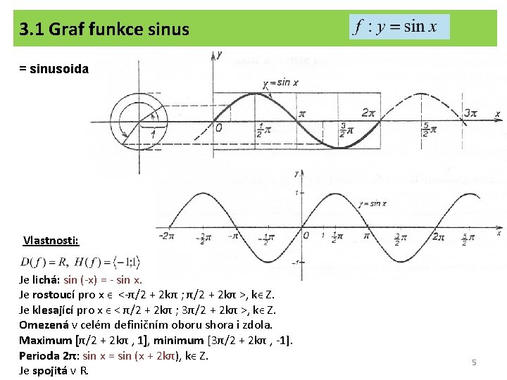 3. 1 Graf funkce sinus = sinusoida Vlastnosti: Je lichá: sin (-x) = -