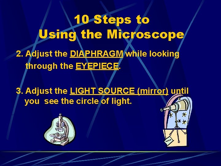 10 Steps to Using the Microscope 2. Adjust the DIAPHRAGM while looking through the