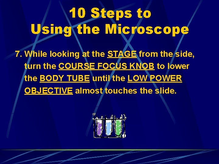 10 Steps to Using the Microscope 7. While looking at the STAGE from the