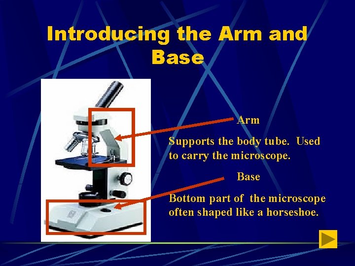 Introducing the Arm and Base Arm Supports the body tube. Used to carry the