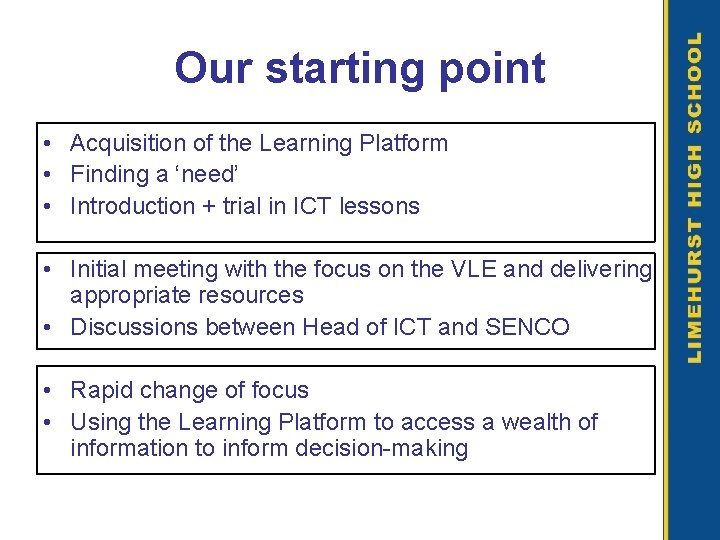 Our starting point • Acquisition of the Learning Platform • Finding a ‘need’ •