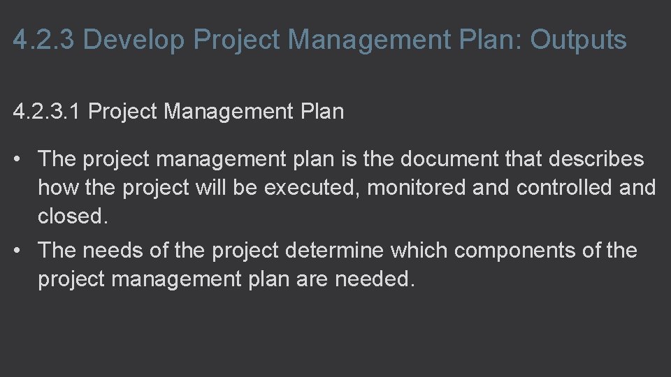 4. 2. 3 Develop Project Management Plan: Outputs 4. 2. 3. 1 Project Management