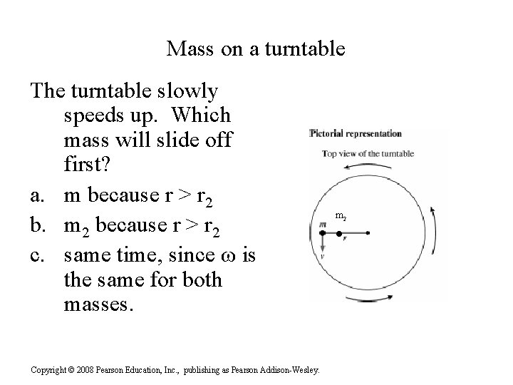 Mass on a turntable The turntable slowly speeds up. Which mass will slide off Mass on a turntable The turntable slowly speeds up. Which mass will slide off
