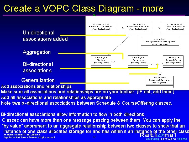 Create a VOPC Class Diagram - more Unidirectional associations added Aggregation Bi-directional associations Generalization