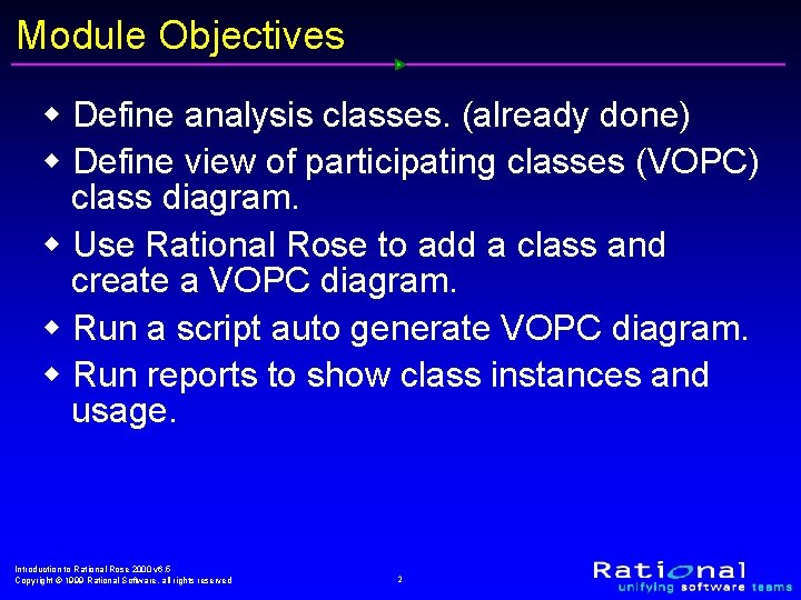 Module Objectives w Define analysis classes. (already done) w Define view of participating classes