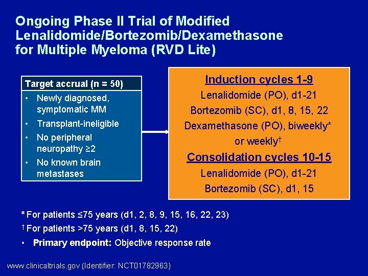 Ongoing Phase II Trial of Modified Lenalidomide/Bortezomib/Dexamethasone for Multiple Myeloma (RVD Lite) Target accrual