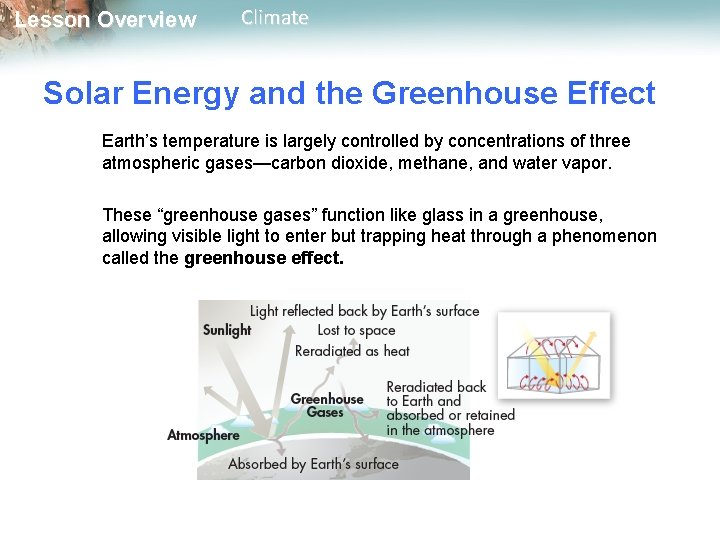 Lesson Overview Climate Solar Energy and the Greenhouse Effect Earth’s temperature is largely controlled