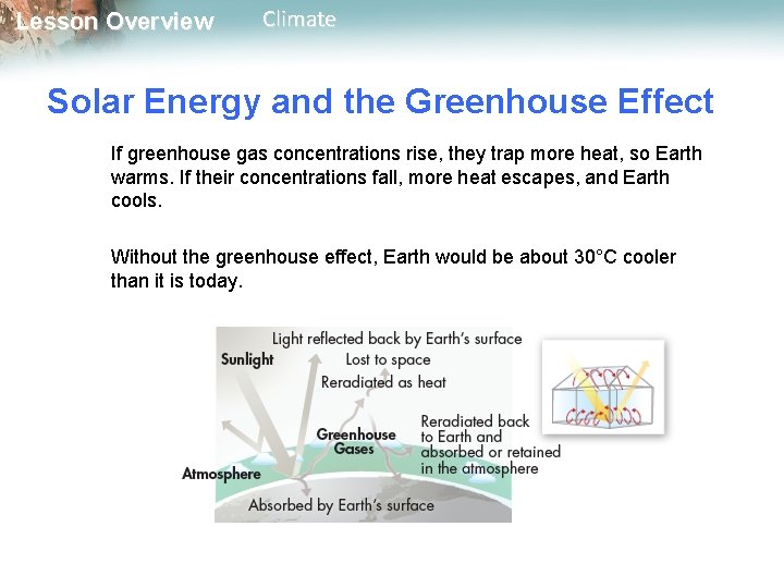 Lesson Overview Climate Solar Energy and the Greenhouse Effect If greenhouse gas concentrations rise,