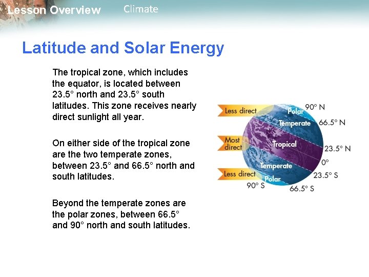 Lesson Overview Climate Latitude and Solar Energy The tropical zone, which includes the equator,