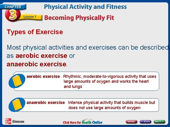 Types of Exercise Most physical activities and exercises can be described as aerobic exercise