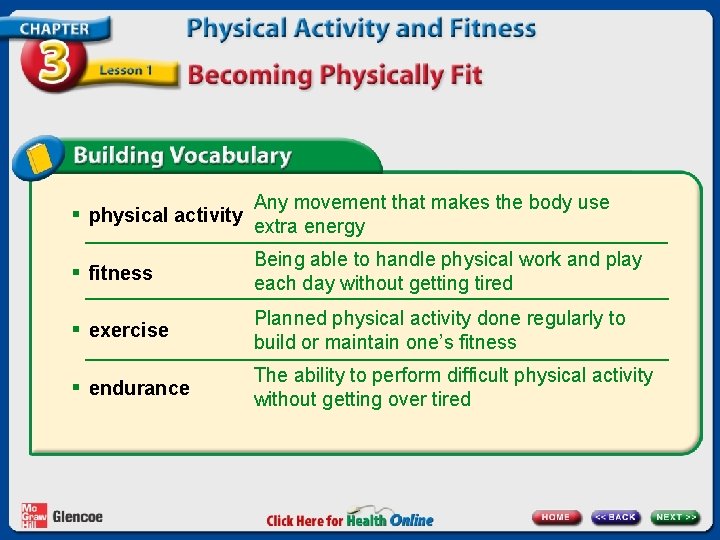 § physical activity Any movement that makes the body use extra energy § fitness