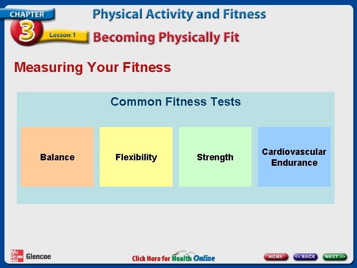 Measuring Your Fitness Common Fitness Tests Balance Flexibility Strength Cardiovascular Endurance 