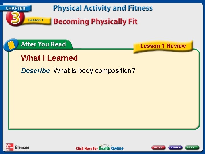 Lesson 1 Review What I Learned Describe What is body composition? 