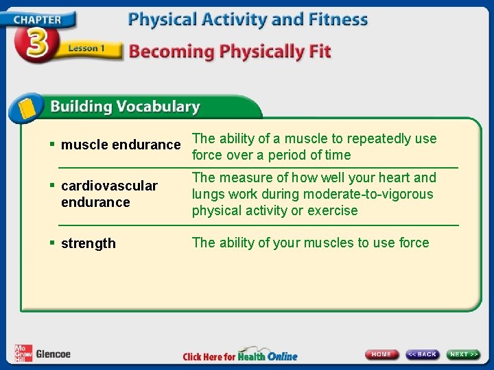 § muscle endurance The ability of a muscle to repeatedly use force over a