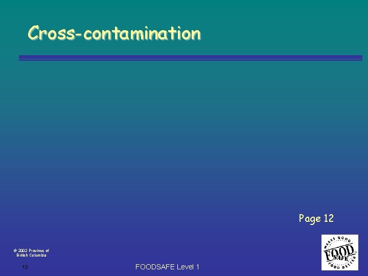Cross-contamination Page 12 2002 Province of British Columbia 13 FOODSAFE Level 1 