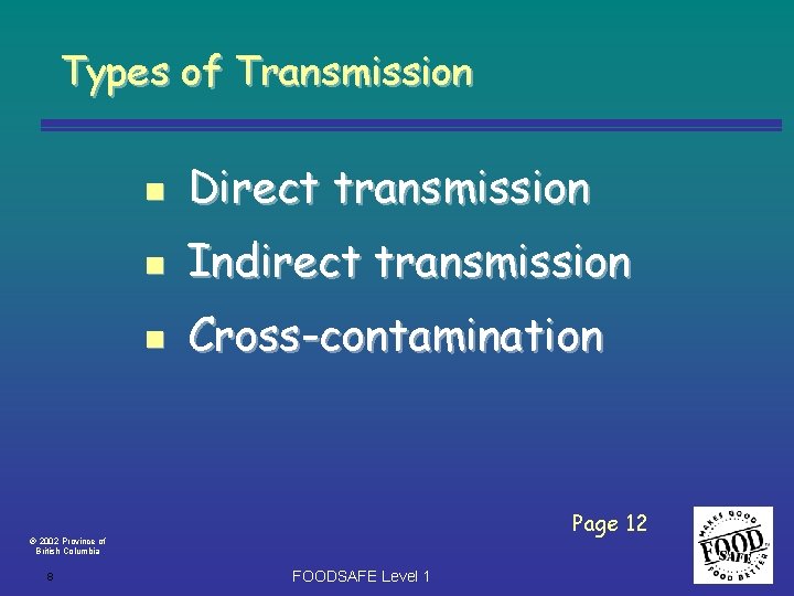 Types of Transmission n Direct transmission n Indirect transmission n Cross-contamination Page 12 2002