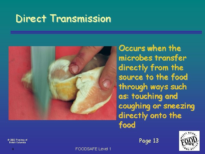 Direct Transmission Occurs when the microbes transfer directly from the source to the food
