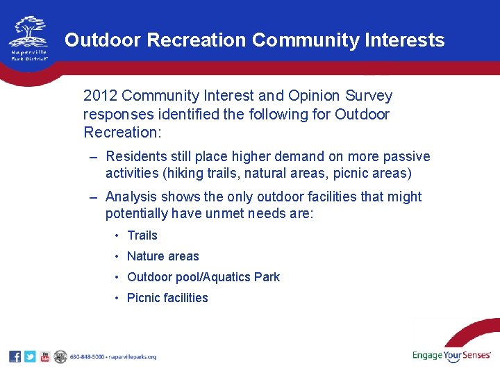 Outdoor Recreation Community Interests 2012 Community Interest and Opinion Survey responses identified the following Outdoor Recreation Community Interests 2012 Community Interest and Opinion Survey responses identified the following